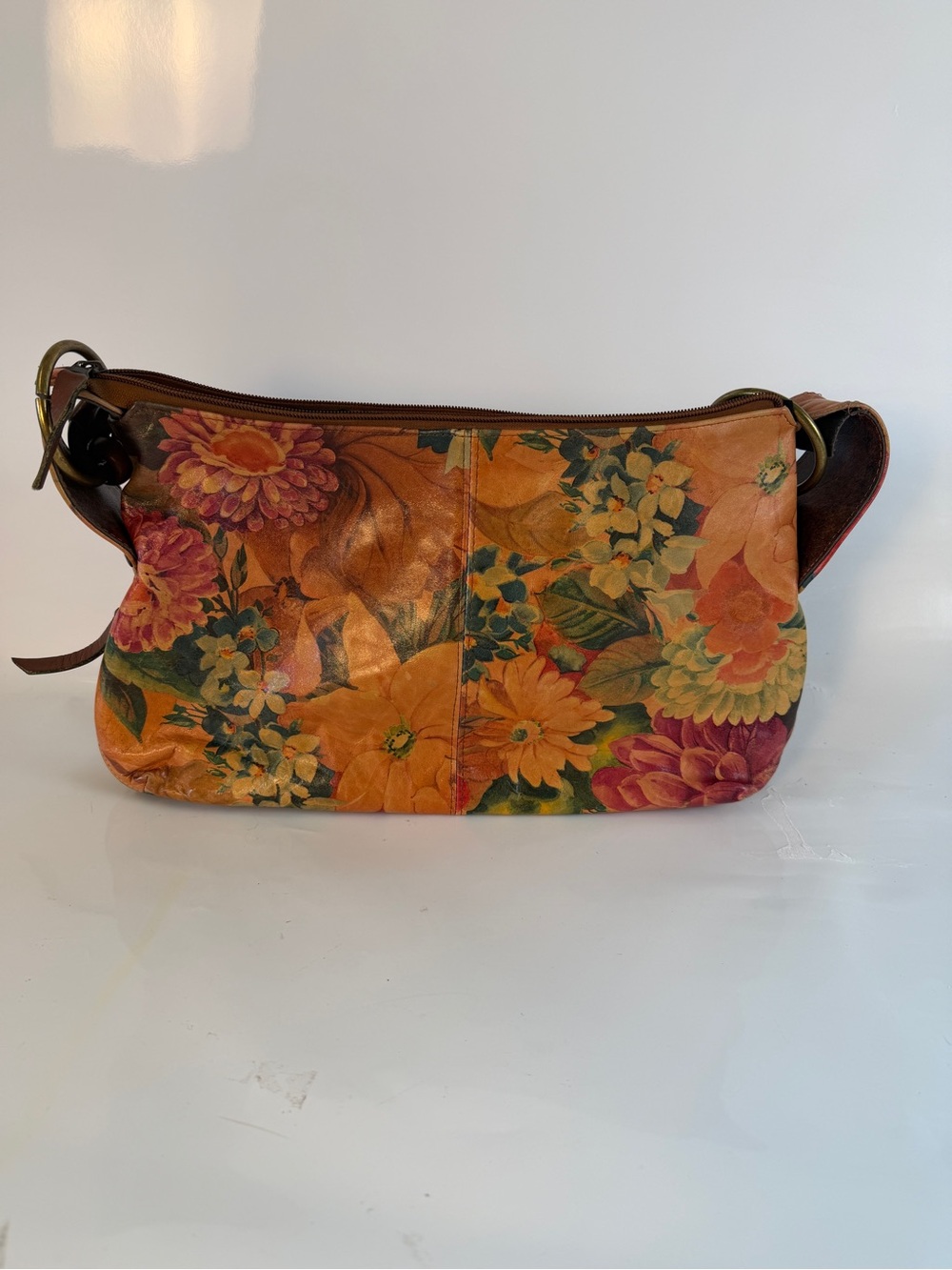 Floral Print Leather Shoulder Bag in Orange